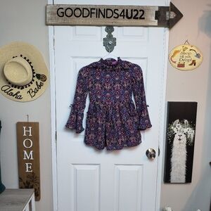 Artisan NY Girls Size 7 Floral Multi Dress Bell Sleeves Pockets Ruffle Neck